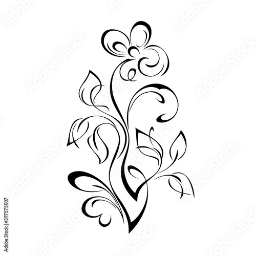 ornament 1414. decorative flower with large petals on a stalk with leaves and curls in black lines on a white background