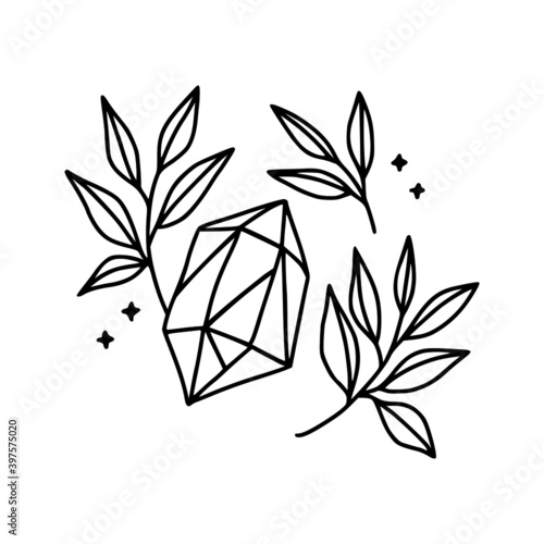 Hand drawn vector feminine logo design line art. Rose flower  crystal  gem  and botanical leaf branch illustration. Symbols and icon for wedding  business card  cosmetics  jewel  and beauty products