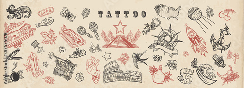Flash tattoo elements collection. Big set for design. Old school tattooing concept