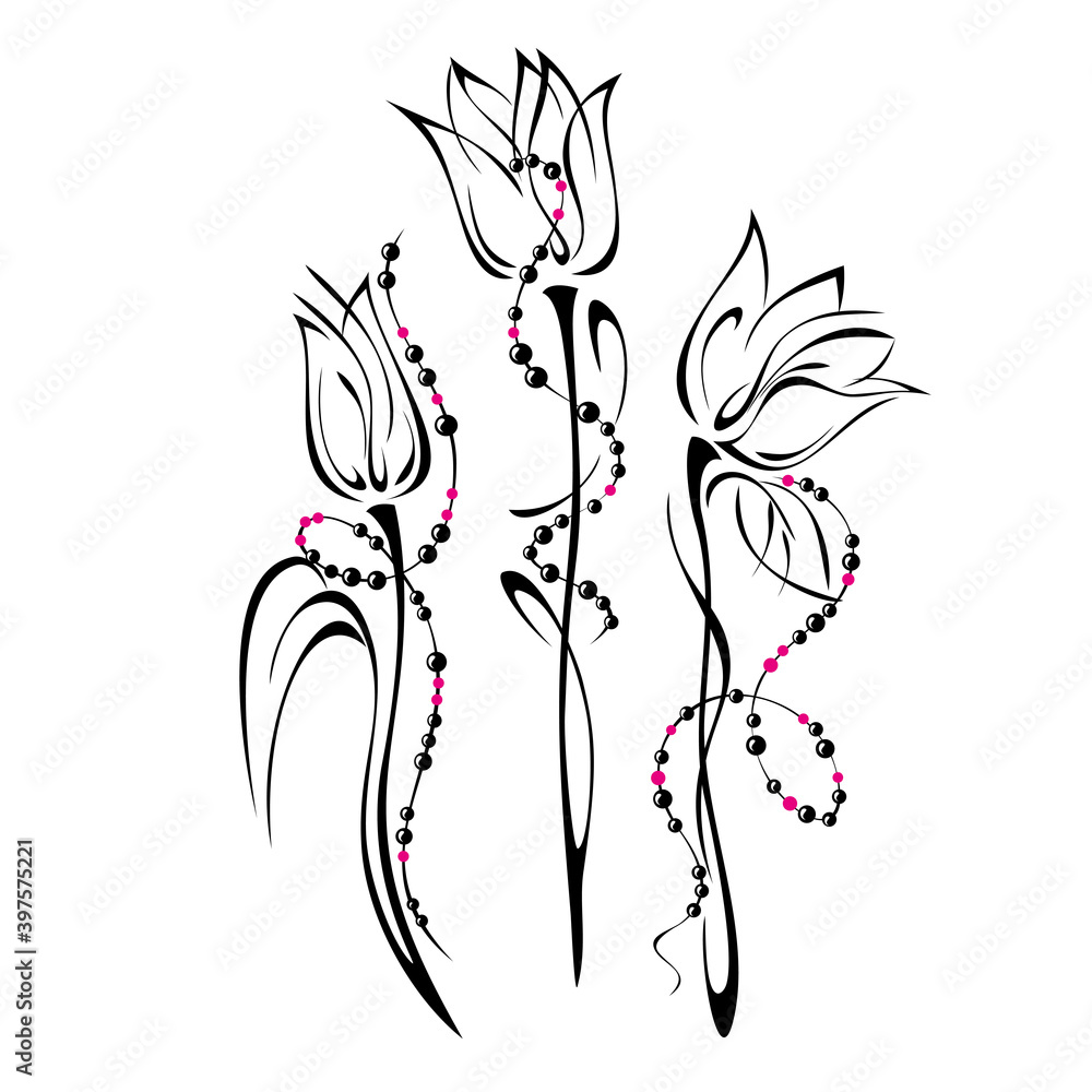 ornament 1417. three stylized flower buds on stems with leaves, decorated with beads