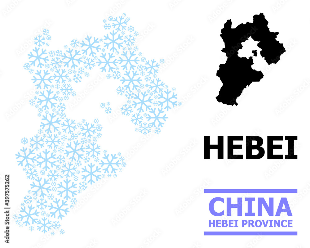 Vector mosaic map of Hebei Province designed for New Year, Christmas celebration, and winter. Mosaic map of Hebei Province is designed with light blue snow parts.
