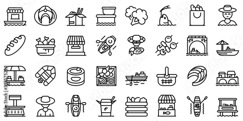 Floating market icons set. Outline set of floating market vector icons for web design isolated on white background