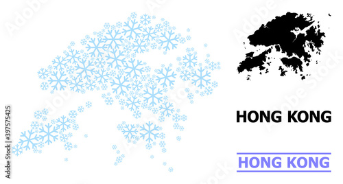Vector mosaic map of Hong Kong combined for New Year, Christmas celebration, and winter. Mosaic map of Hong Kong is constructed with light blue snow items.