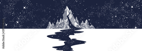 River of stars, mountain and night sky. Black and white surreal graphic. Infinite space, meditation art, travel and tourism style. Endless universe concept