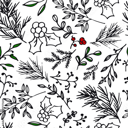 Seamless pattern with hand-drawn winter plants isolated on white.  For season greeting cards, posters. Christmas sketch with line art.