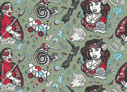 New Zealand seamless pattern. Aboriginal tribes, Maori man warrior grimace. Tradition and people. Tourism and travel. Old school tattoo collection. Ethnic Polynesian woman in traditional costume