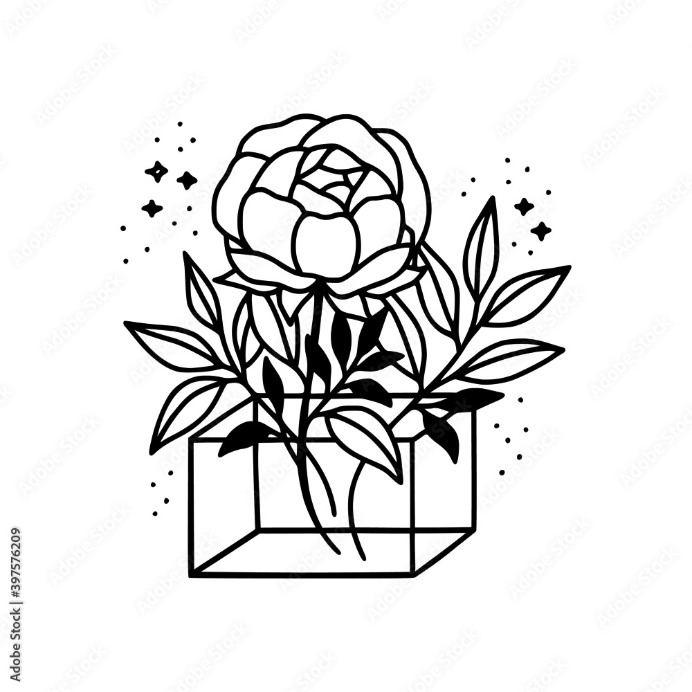 Vector feminine logo design templates in linear minimal style. Peony, rose flowers, box, vase, and botanical leaf branch illustrations. Symbols and icons for cosmetics, jewel, and beauty products Vector feminine logo design templates in linear minimal style. Peony, rose flowers, box, vase, and botanical leaf branch illustrations. Symbols and icons for cosmetics, jewel, and beauty products