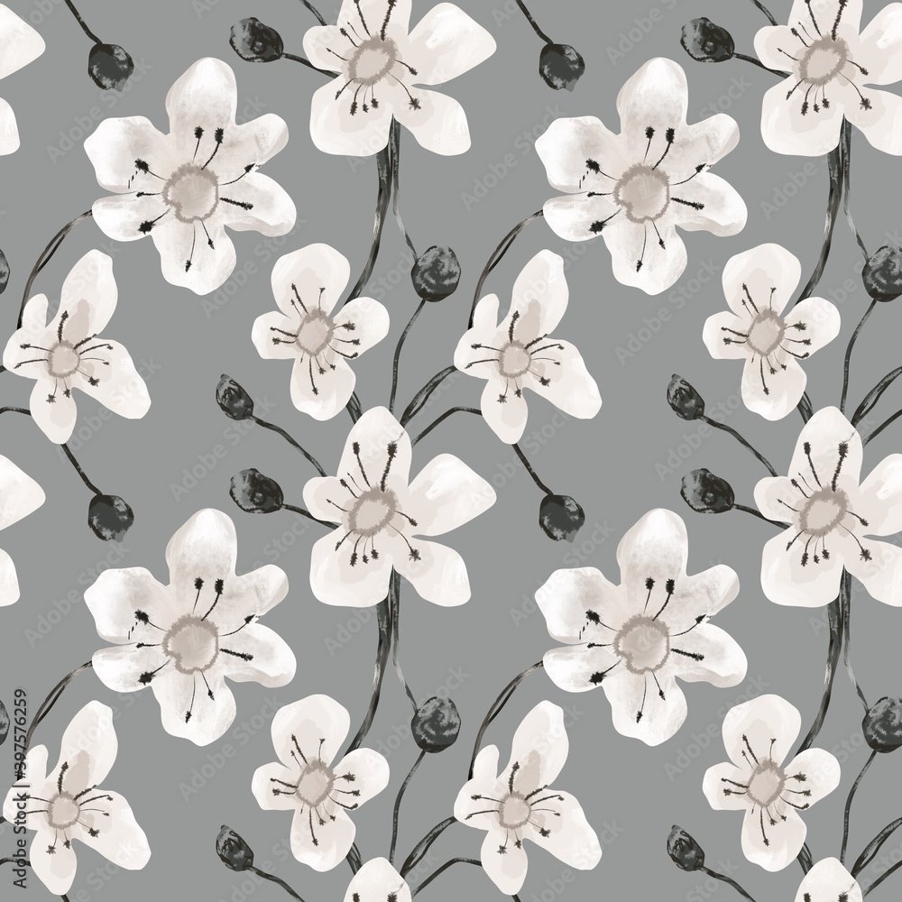 seamless floral pattern with roses on grey background