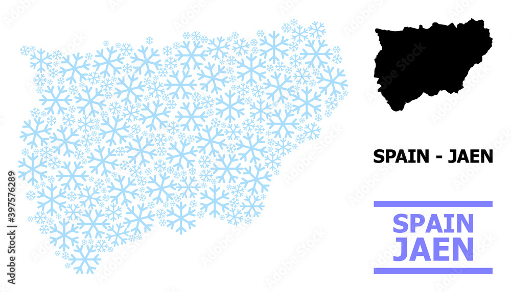 Obraz premium Vector mosaic map of Jaen Spanish Province organized for New Year, Christmas celebration, and winter. Mosaic map of Jaen Spanish Province is organized of light blue snow parts.