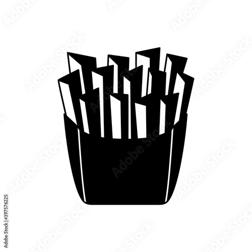 French fries logo. Silhouette icon of fast food. Black simple illustration of paper bag with potato strips. Outline isolated vector pictogram on white background