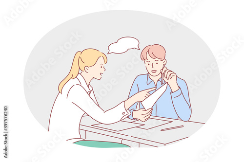 Teamwork, brainstorm, negotiations concept. Young business people office workers partners cartoon characters sitting and discussing documents of common project in office illustration 