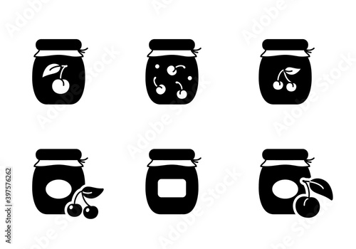 Cherry jam. Outline icons set of different jars of sweet canned food. Black simple illustration of berry confiture, dessert, home preservation. Silhouette isolated vector pictogram, white background
