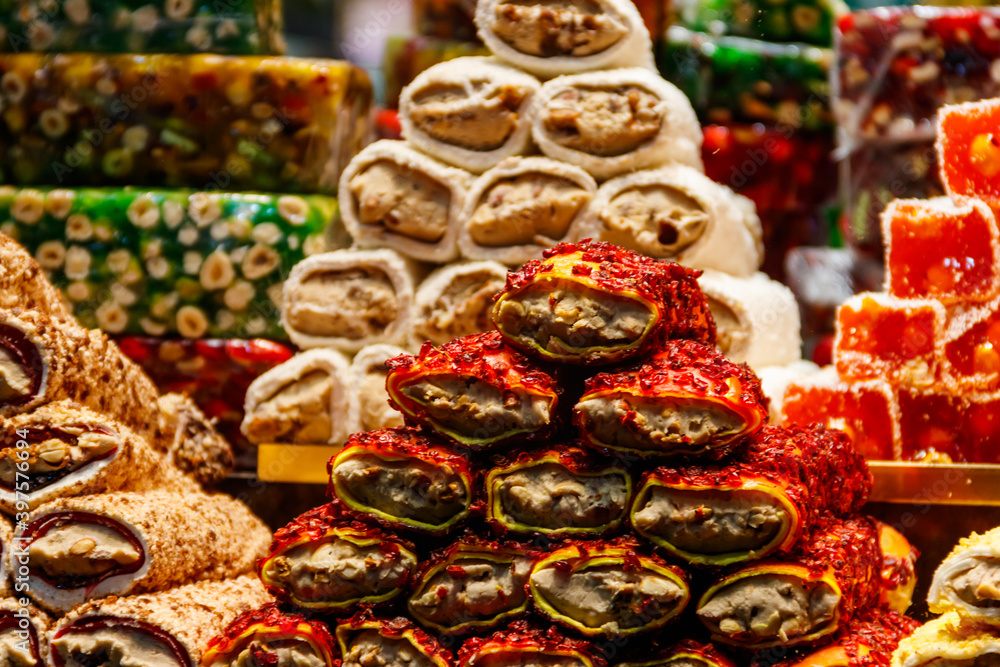 Traditional Turkish delight for sale at the market counter