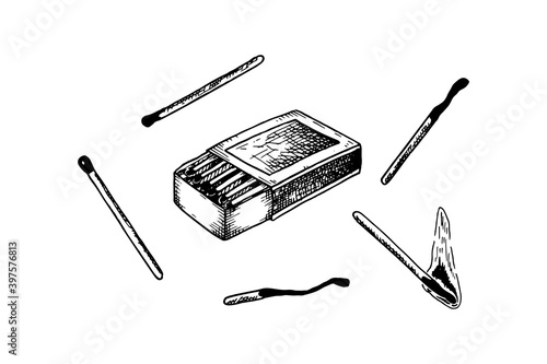 Set of hand drawn matches isolated on white background. Vector illustration in sketch style