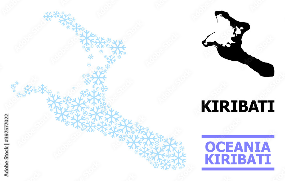 Vector mosaic map of Kiribati Island designed for New Year, Christmas celebration, and winter. Mosaic map of Kiribati Island is shaped of light blue ice crystals. Vector mosaic map of Kiribati Island designed for New Year, Christmas celebration, and winter. Mosaic map of Kiribati Island is shaped of light blue ice crystals.