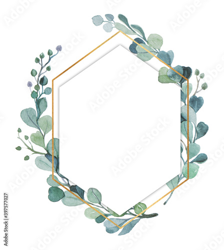 Watercolor cute eucalyptus frame on the white background. Illustration for wedding. Pink roses clipart.