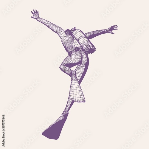 Silhouette of diver. The concept of sport diving. Vintage engraved illustration