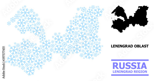 Vector mosaic map of Leningrad Region created for New Year  Christmas celebration  and winter. Mosaic map of Leningrad Region is composed from light blue snow items.