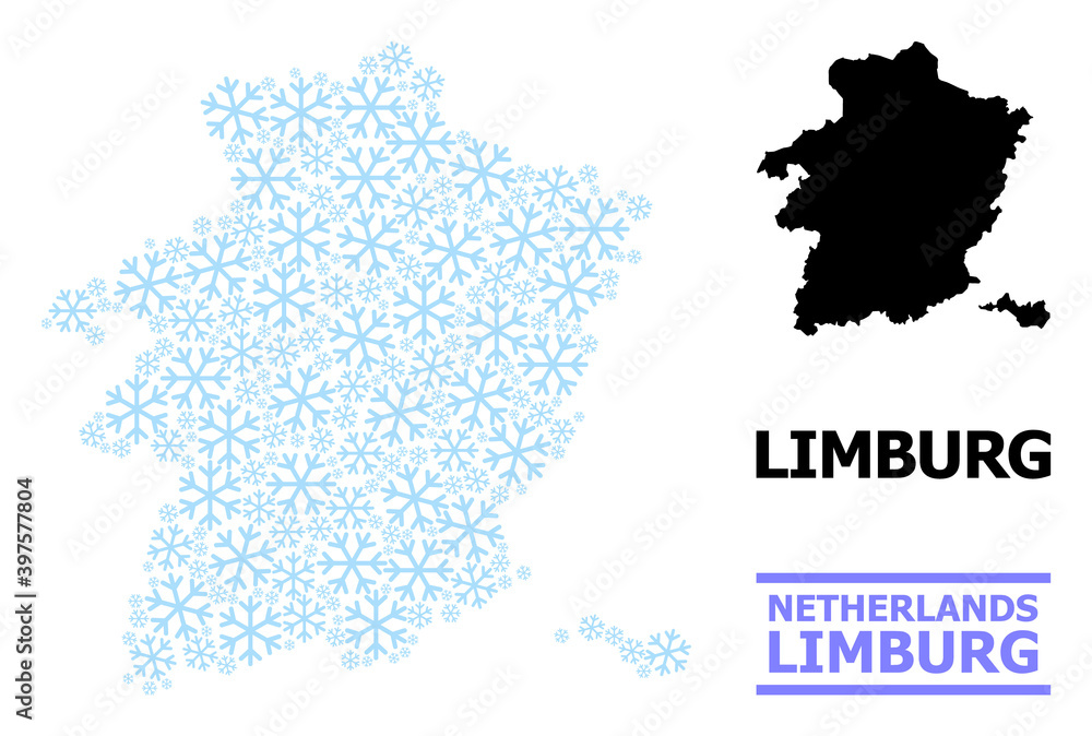 Fototapeta premium Vector mosaic map of Limburg Province designed for New Year, Christmas celebration, and winter. Mosaic map of Limburg Province is created from light blue snowflakes.