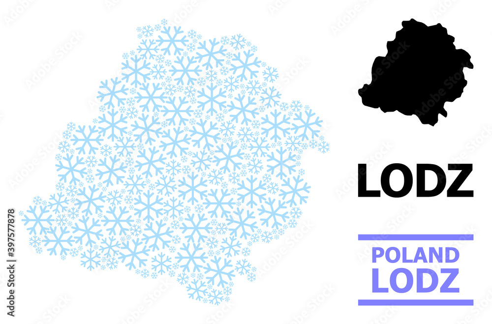 Vector mosaic map of Lodz Province organized for New Year, Christmas celebration, and winter. Mosaic map of Lodz Province is designed of light blue snow elements.