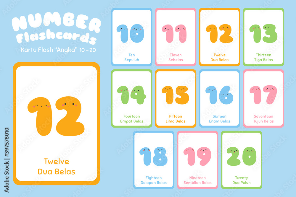 Number bilingual flashcards vector set. Cute Number 10 to 20  educational flashcards for kids.