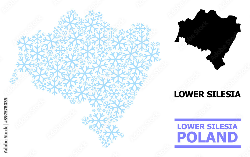 Vector collage map of Lower Silesia Province organized for New Year, Christmas celebration, and winter. Mosaic map of Lower Silesia Province is organized of light blue snow elements.
