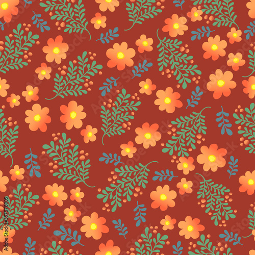 orange flowers and green branches seamless vector pattern