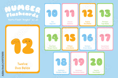 Number bilingual flashcards vector set. Cute Number 10 to 20  educational flashcards for kids.