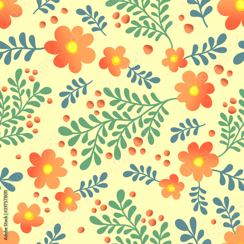flowers and branches on yellow background seamless vector pattern