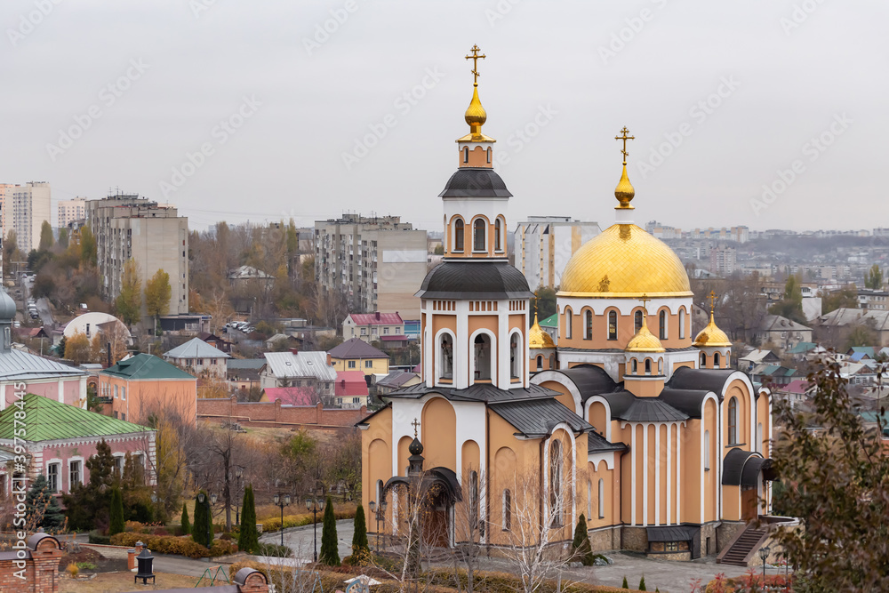 Saratov city Russia landmark church monastery temple of Svyato-Aleksievsky nunnery in autumn day