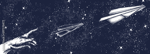 Imagination art. Paper plane and night sky. Symbol of dream, creativity, startup. Black and white surreal graphic