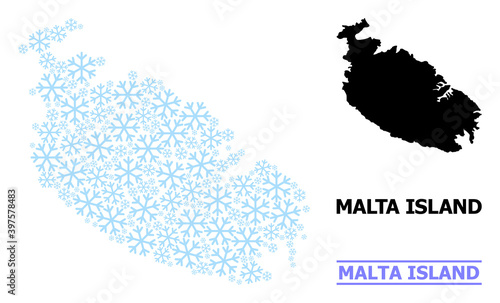 Vector mosaic map of Malta Island constructed for New Year, Christmas celebration, and winter. Mosaic map of Malta Island is constructed with light blue snow elements.