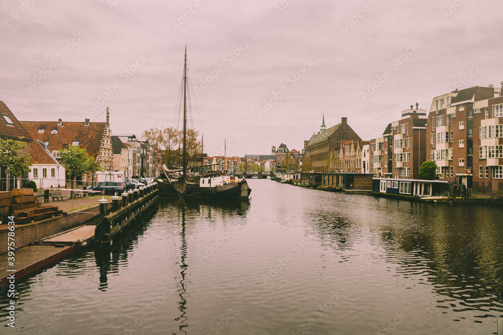 Water canal in Leiden, Netherlands. Photographed in April 2017