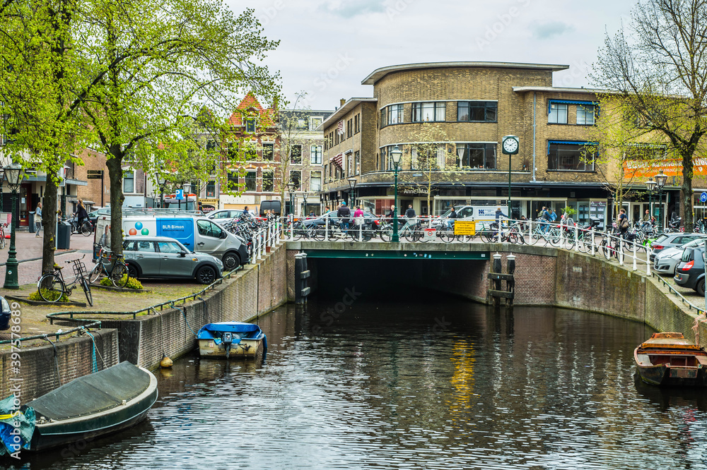 Water canal in Leiden, Netherlands. Photographed in April 2017