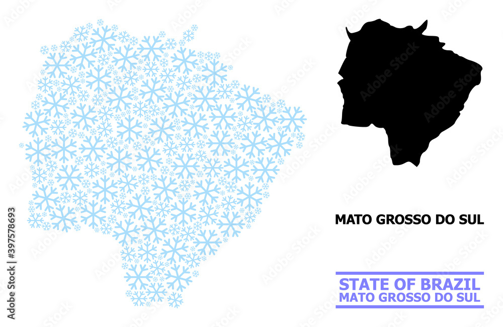Vector mosaic map of Mato Grosso do Sul State created for New Year, Christmas celebration, and winter. Mosaic map of Mato Grosso do Sul State is formed from light blue snow elements.