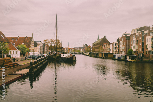 Water canal in Leiden, Netherlands. Photographed in April 2017