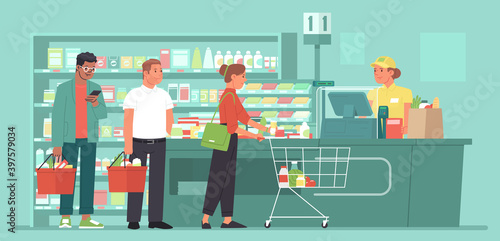 Checkout counter of a grocery supermarket. Customers in line. Queue at the store. The cashier rings up products for buyers