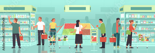 Men and women with baskets and grocery carts select and buy groceries at the grocery store. People buy food at the supermarket
