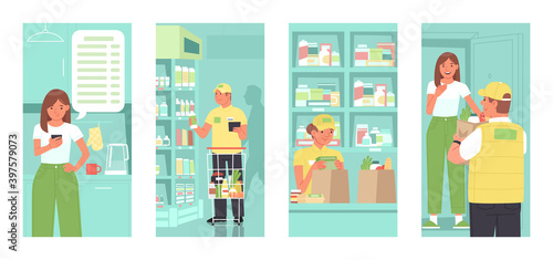 Online ordering of products from supermarket. Woman places an order an application on the phone, grocery store workers collect products