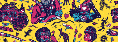 Australia seamless pattern. Ethnic Australian woman in traditional costume. Aboriginal tribes bushmen. Boomerang, rock painting, kangaroo, didgeridoo, map. Old school tattoo vector background