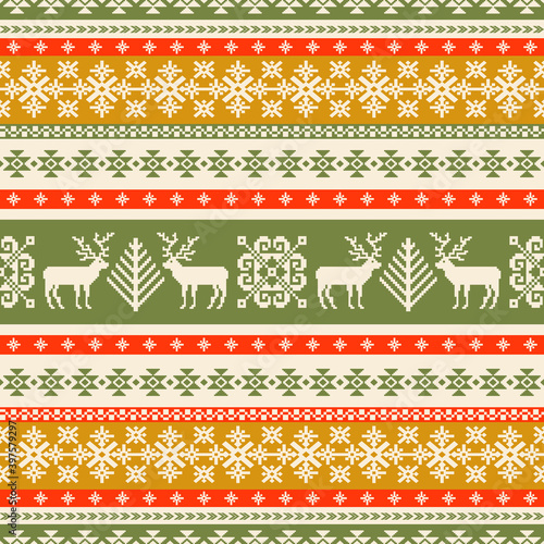 Christmas trees and reindeers background. Traditional nordic knitted motives. Seamless ornamental pattern