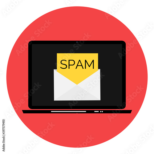 Envelope with spam. Spam Email Warning Window On Laptop Screen. Vector Illust...