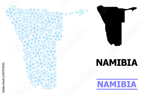 Vector mosaic map of Namibia designed for New Year, Christmas celebration, and winter. Mosaic map of Namibia is shaped from light blue snow. Design elements for patriotic and New Year posters.