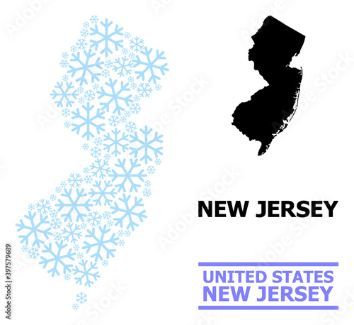 Vector mosaic map of New Jersey State combined for New Year, Christmas celebration, and winter. Mosaic map of New Jersey State is constructed from light blue snow items.