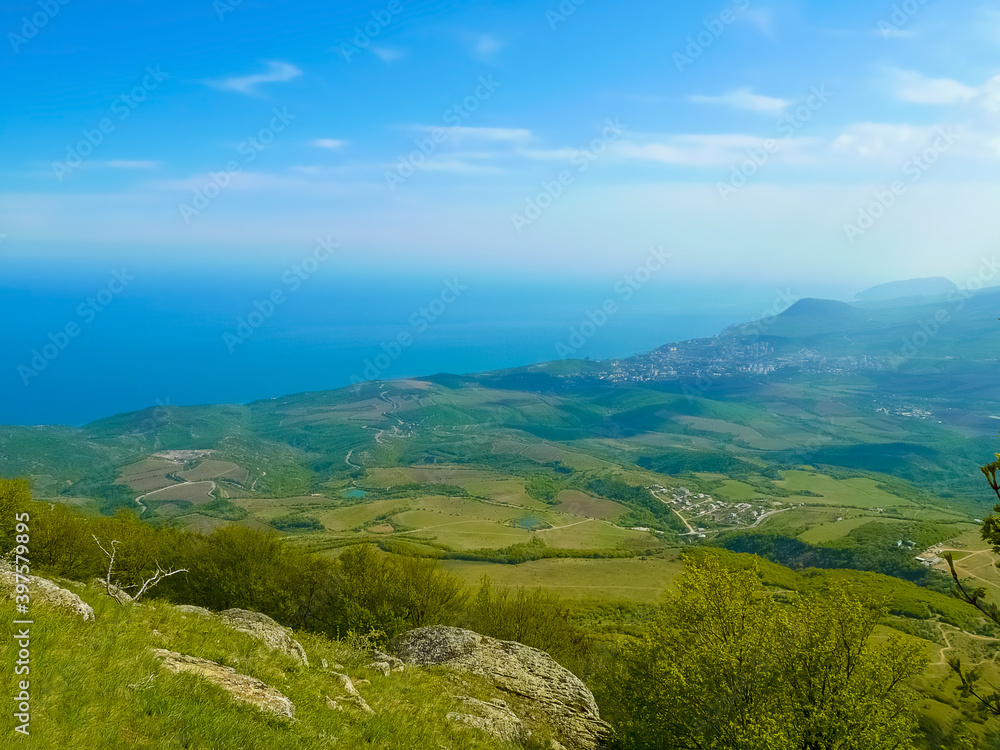 Crimean mountains. Mountains in Crimea at the sunny summer day. Alushta aerial view