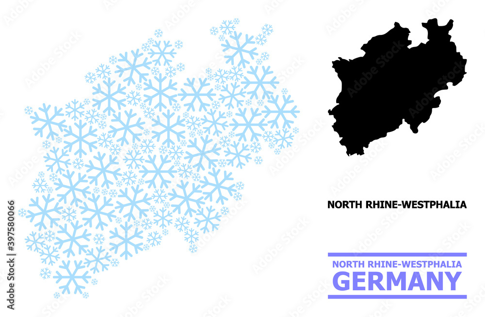 Vector composition map of North Rhine-Westphalia State organized for New Year, Christmas celebration, and winter. Mosaic map of North Rhine-Westphalia State is created of light blue snow items.