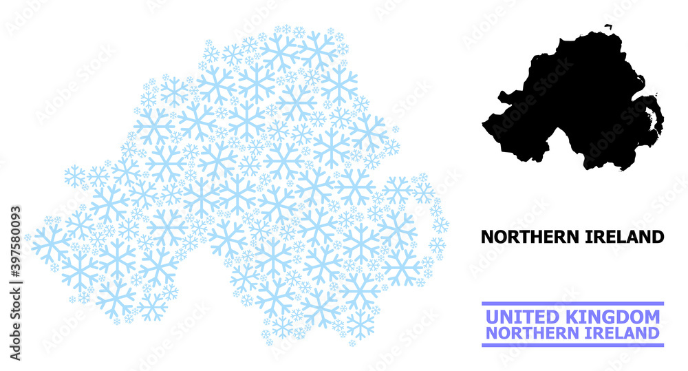 Vector composition map of Northern Ireland created for New Year, Christmas celebration, and winter. Mosaic map of Northern Ireland is created with light blue snow elements.