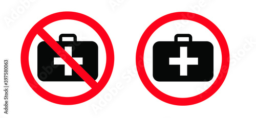 No Emergency defibrillator AED AID CPR location signs. Stop not medic bag kit station inside for doctor. Flat vector medical logo symbol sign Automated externalicon label icon No ban signs