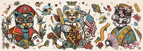 Cats old school tattoo vector collection. Unlucky lucky cat, symbol 2020 world crisis concept. Portrait of kitty geisha princess. Traditional tattooing style. Funny pets art, animals hand drawn