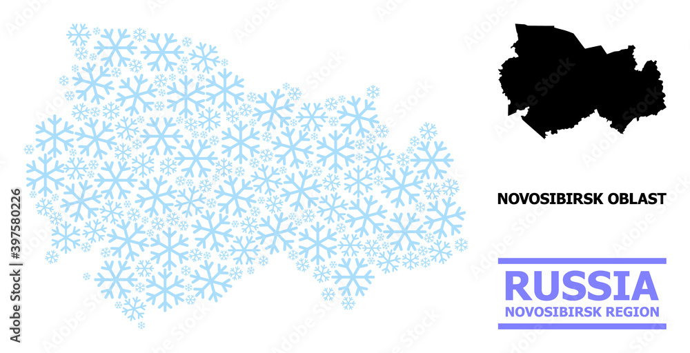 Fototapeta premium Vector mosaic map of Novosibirsk Region organized for New Year, Christmas celebration, and winter. Mosaic map of Novosibirsk Region is organized from light blue ice crystals.